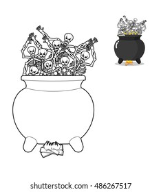 Sinners in cauldron in hell coloring book. Skeletons are cooked in resin in  lower parts. Dead are experiencing pains of hell. Big black pan. Price paid for sins. Religious illustration
