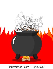 Sinners in cauldron in hell. Skeletons are cooked in resin in underworld. Dead are experiencing hellish pains. Big black pan. Price paid for sins. Religious illustration