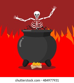 Sinners in cauldron in hell. Skeletons are cooked in resin in underworld. Dead are experiencing hellish pains. Big black pan. Price paid for sins. Religious illustration