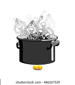 Sinners in cauldron in hell. Skeletons are cooked in resin in underworld. Dead are experiencing hellish pains. Big black pan. Price paid for sins. Religious illustration