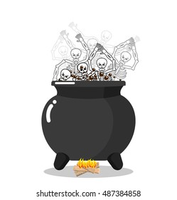 Sinners in cauldron in hell. Skeletons are cooked in resin in underworld. Dead are experiencing hellish pains. Big black pan. Price paid for sins. Religious illustration