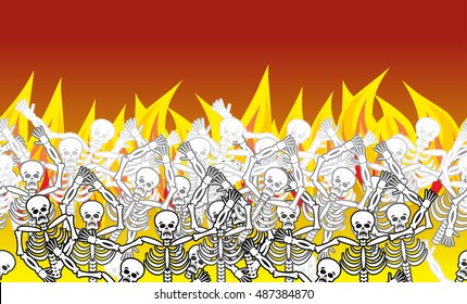 Sinners in fire hell horizontal pattern. dead in  Gehenna. Skeletons screaming for help. Hells torments. Religious background. reckoning for sins
