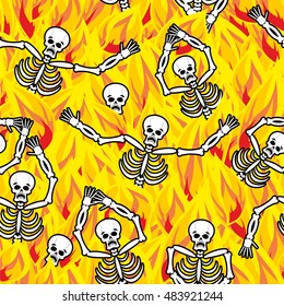 Sinners in fire hell seamless pattern. dead in Gehenna. Skeletons screaming for help. Hells torments. Religious background. reckoning for sins
