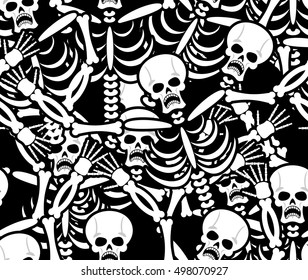 Sinners seamless pattern. Skeleton in Hell background. Ornament of dead. Bones and skull texture. infernal torments. Religious