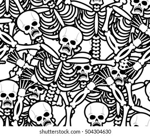 Sinners seamless pattern. Skeleton in Hell background. Ornament of dead. Bones and skull texture. infernal torments. Religious background