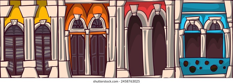 sino portuguese architecture phuket vector drawing pattern with  colorful design.