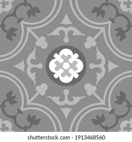 Sino Portuguese Tile Flower Pattern Vector Seamless With Vintage Style. Tiled Texture For Ceramic Wall Or Bathroom Mosaic Floor.