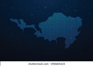 Sint Maarten dotted map in futuristic style, glowing outline made of stars lines dots. Communication, internet technologies concept on dark blue space background. Vector illustration.