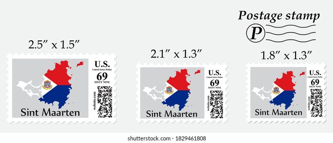 Sint Maarten flag map on postage stamp different size.