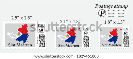 Sint Maarten flag map on postage stamp different size.