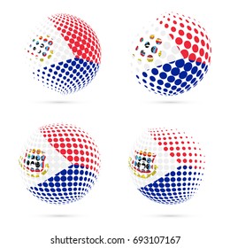 Sint Maarten halftone flag set patriotic vector design. 3D halftone sphere in Sint Maarten national flag colors isolated on white background.