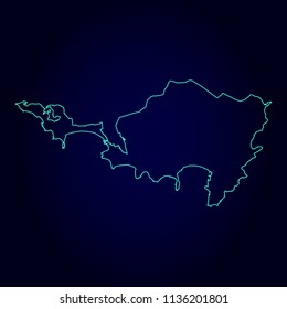 Sint Maarten map: blue glitter outline with sparkling stars on dark background. Detailed map of Sint Maarten. Vector illustration.