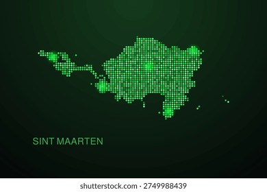 Sint Maarten Map - Digital dotted map with glowing green points on dark background, modern technology style, abstract data network design, clean minimal geometric vector illustration.