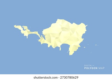 Mapa de Sint Maarten en estilo de Vector de polígono bajo, ilustración de forma geométrica con tonos amarillos suaves sobre fondo azul, silueta limpia para infografía.