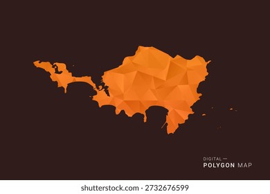 Mapa de Sint Maarten: Vector de polígono bajo, silueta triangulada geométrica en tonos naranja y marrón oscuro, estilo infográfico moderno y limpio, fondo aislado.