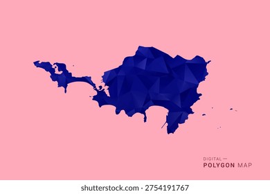 Sint Maarten Map - Low poly polygon map in deep blue gradient on soft pink pastel background, modern minimal geometric design, clean digital vector illustration.