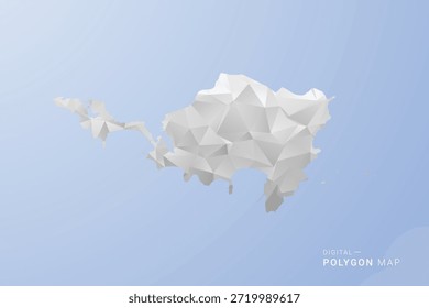 Sint Maarten Map - Ilustración vectorial de estilo polígono en tonos grises, blancos y azules, diseño geométrico de bajo poli, silueta mínima, adecuada para infografía y diseño moderno.