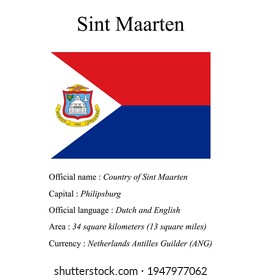Sint Maarten national flag, country's official name, country area size, official language, capital and currency.