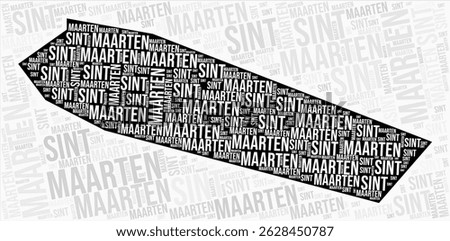 Sint Maarten regions map word cloud. Sint Maarten region names. Black and white map design. Vibrant vector illustration.