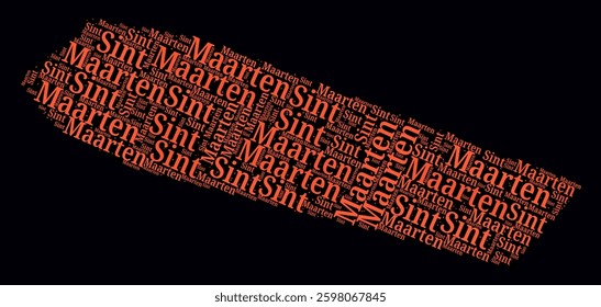 Sint Maarten Regions Word Clouds. Bright neon style design on a dark background. Region names of the country in the Dutch language. Country shape with administrative division. Creative vector illustration.