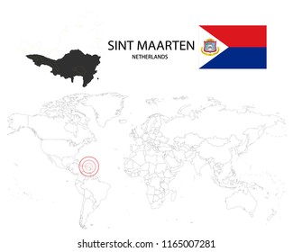 Sint Maarten(Netherlands) map on a world map with flag on white background,Map and National flag of Sint Maarten(Netherlands),Vector Illustration Flag and Map of Sint Maarten(Netherlands)for continue.