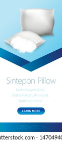 Sintepon Pillow Vertical Banner, White Blank Mock Up on Blue Background, Soft Cushions with High Quality Non-woven Filler for Comfortable Sleep and Sweet Dreams, Flyer Realistic 3d Vector Illustration