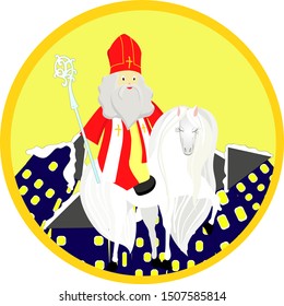 Sinterclass on a white horse. Emblem or logo for the day of St. Nicholas