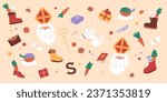 Sinterklaas background. Saint Nicholas portrait, little piet, cute horse, cookies and carrots in shoes, gift boxes, drawing in boot. Chocolate letter. Vector illustration. Traditional pattern