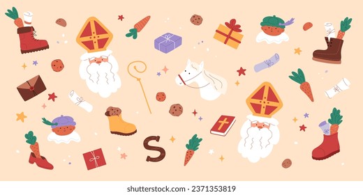 Sinterklaas background. Saint Nicholas portrait, little piet, cute horse, cookies and carrots in shoes, gift boxes, drawing in boot. Chocolate letter. Vector illustration. Traditional pattern