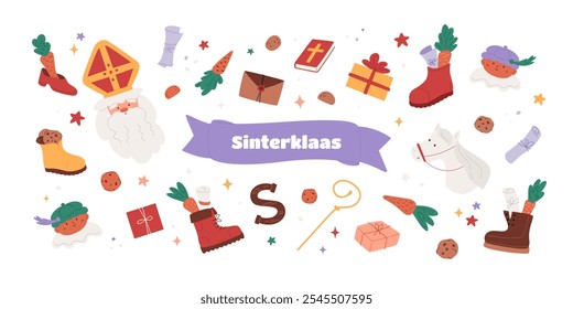 Sinterklaas banner. Saint Nicholas background. Santa portrait, cute horse, little piet, cookies and carrots in shoes, gift boxes, drawings in boots. Chocolate letter. Vector illustration.