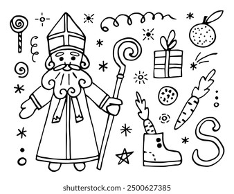 Sinterklaas in cassock and miter, staff in hand. Cookies and gifts, carrot in the shoe. Festive set of simple doodle elements. St. Nicholas Day. Black outline, ink sketch.