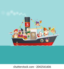 Sinterklaas is coming to town with kids on steamboat - celebration Sinterklaas day - vector illustration
