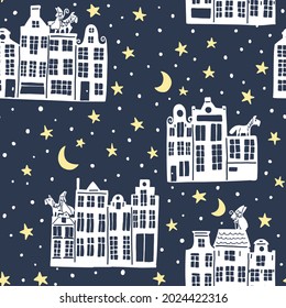 Sinterklaas with dutch houses at night vector Christmas seamless pattern - design for fabric, wrapping, textile, wallpaper, background.