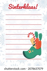 Sinterklaas - Dutch Saint Nicholas letter vector blank template with cute illustration of wooden shoe with carrots and candie. European winter tradition. Gifts ordering printable mail note.