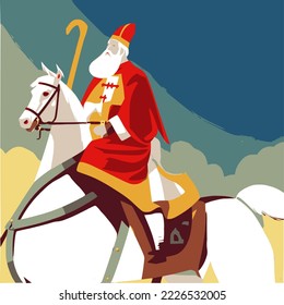 sinterklaas (dutch santa) on amerigo (his white horse) flying in the air to deliver gifts to kids,