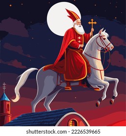 sinterklaas (dutch santa) on amerigo (his white horse) on a roof to deliver gifts to kids,