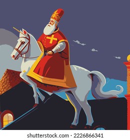 sinterklaas (dutch santa) on amerigo (his white horse) on a roof to deliver gifts to kids