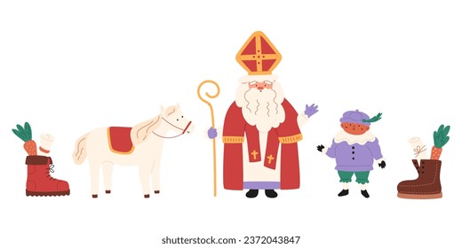 Sinterklaas elements set. Saint Nicholas waving his hand, little piet boy, cute horse, carrots and drawings in shoes. Vector illustration. Childish characters.