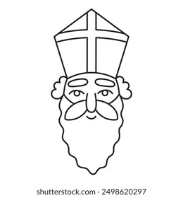 Sinterklaas face icon or logo. Saint Nicholas Day theme. Winter Dutch or Belgium holiday. Vector isolated line art illustration. 