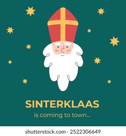 Sinterklaas face with stars on dark green background. Holiday square banner. Hand drawn Dutch folklore character. Vector illustration.