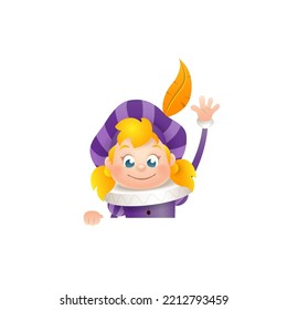 Amigo de Sinterklaas - muchacha con traje morado mirando en la cartelera - plantilla de diseño aislado en fondo transparente