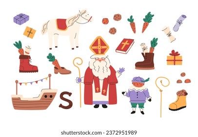 Sinterklaas holiday elements in doodle style. Saint Nicholas, little piet, cute horse, ship, cookies and carrots in shoes, gift boxes, drawing in boot. Chocolate letter. Vector illustration set.