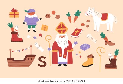 Sinterklaas holiday elements. Saint Nicholas, cute horse, little piet, ship, cookies and carrots in shoes, gift boxes, paper roll. Chocolate letter and decorative stars. Vector illustration.