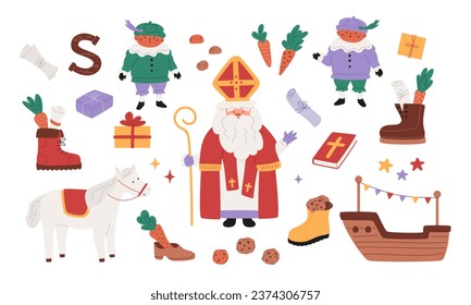 Sinterklaas holiday elements. Saint Nicholas, little piet, cute horse, ship, cookies and carrots in shoes, gift boxes, drawing in boot. Chocolate letter. Vector illustration set. Traditional character