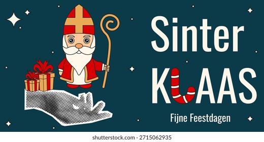 Sinterklaas Anuncio de Vector de vacaciones. Anuncio Horizontal con mano de efecto Sinterklaas Halftone y tipografía navideña. Anuncio de Web perfecto. Fijne feestdagen - felices fiestas Editable stroke EPS 10