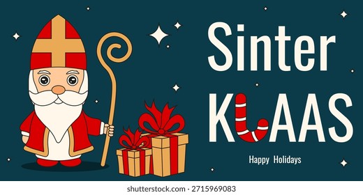 Sinterklaas Urlaub Vektorbanner. Horizontales Banner mit Sinterklaas-Charakter-Geschenk und Feiertagstypografie. Perfekter Webbanner. EPS 10