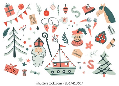 Sinterklaas illustration objects set vector. Piet, gift, Christmas tree, ship, ornament, hose, carrot. Flat style illustrations