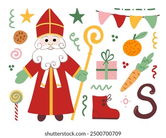 Sinterklaas in a red cassock and miter, staff in hand. Cookies and gifts, carrots, shoes. Garland with flags, stars. Festive set of simple elements. St. Nicholas Day.