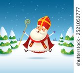 Sinterklaas or Saint Nicholas celebrate winter holidays - winter landscape vector illustration