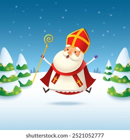 Sinterklaas or Saint Nicholas celebrate winter holidays - winter landscape vector illustration